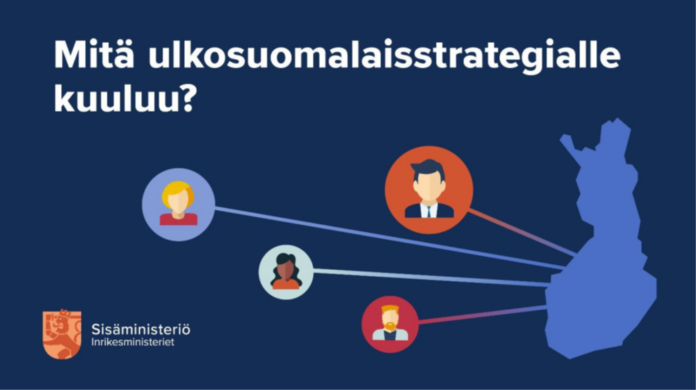 Sinisellä taustalla teksti 'Mitä ulkosuomalaisstrategialle kuuluu?'. Oikealla puolella on Suomen kartta ja vasemmalla neljä eri ihmishahmoa eri värisissä ympyröissä. Jokaisesta hahmosta lähtee viiva kohti Suomea. Alhaalla vasemmalla Sisäministeriön ja Inrikesministerietin logot ja teksti.