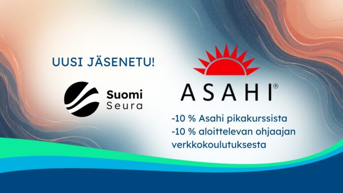 Kuvituskuva, jossa on Suomi-Seuran ja ASAHI logot ja teksti UUSI JÄSENETU! -10 % Asahi pikakurssista -10 % aloittelevan ohjaajan verkkokoulutuksesta